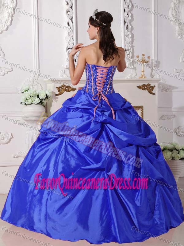 Blue Taffeta Beaded Quinceanera Dress with Pick-ups and Hand Made Flowers