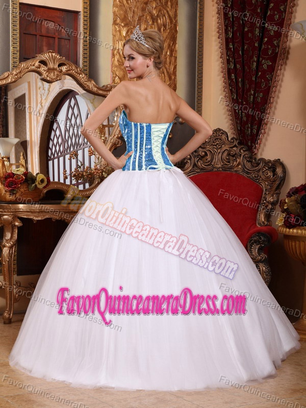 White and Blue Strapless Tulle Quinceanera Dresses for Girls with Beading