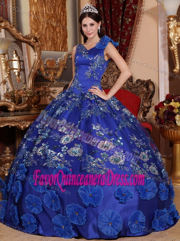 Royal Blue V-neck Satin Beaded Quinceanera Dresses with Hand Made Flower
