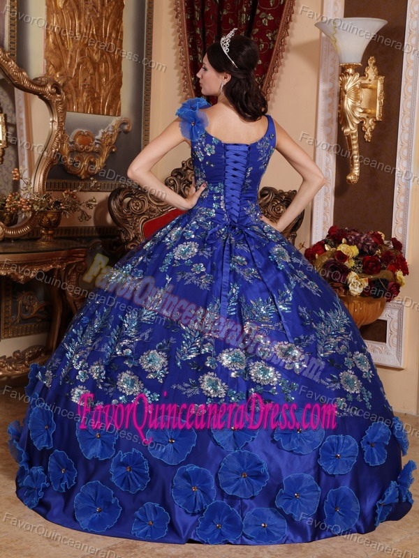 Royal Blue V-neck Satin Beaded Quinceanera Dresses with Hand Made Flower