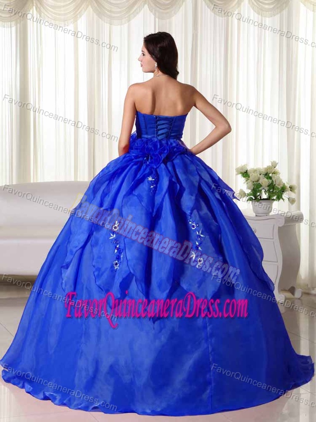 Blue Strapless Ruched Quinceanera Dress with Beading and Hand Made Flower