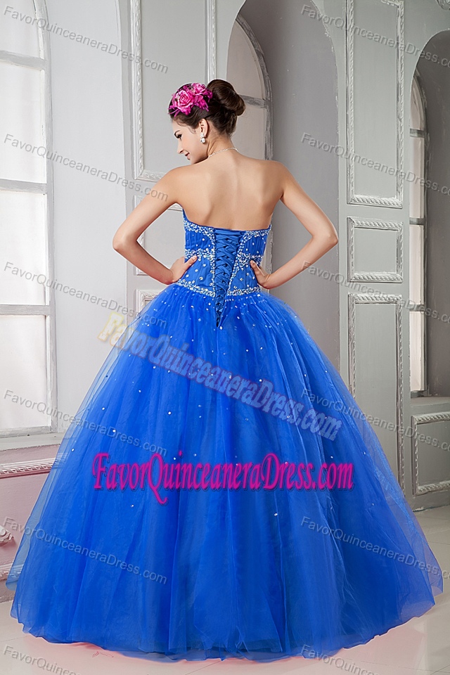 Blue Ball Gown Sweetheart Floor-length Beaded Quinceanera Dress in Tulle