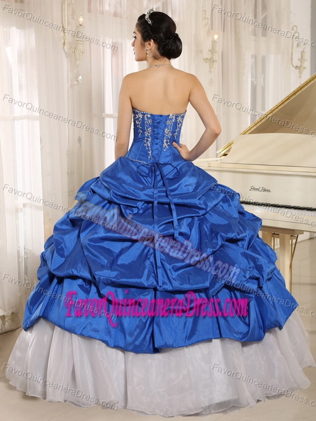 Blue and White Embroidery Sweetheart for 2013 Quince Dresses with Pick-ups