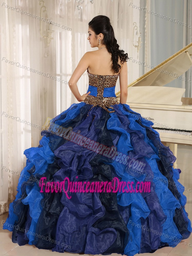 Wholesale V-neck Ruffles Leopard and Beaded Quince Dresses in Multi-color