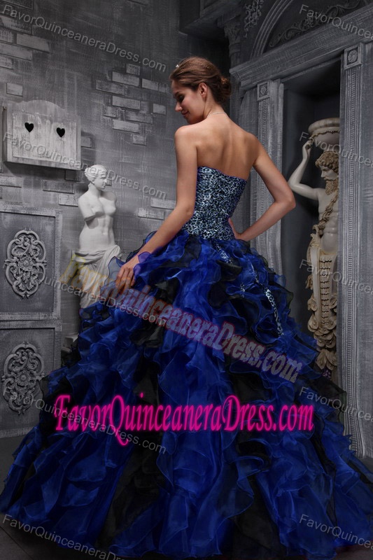 Ruffled and Beaded Blue Sweetheart Quince Dresses in Zebra and Organza