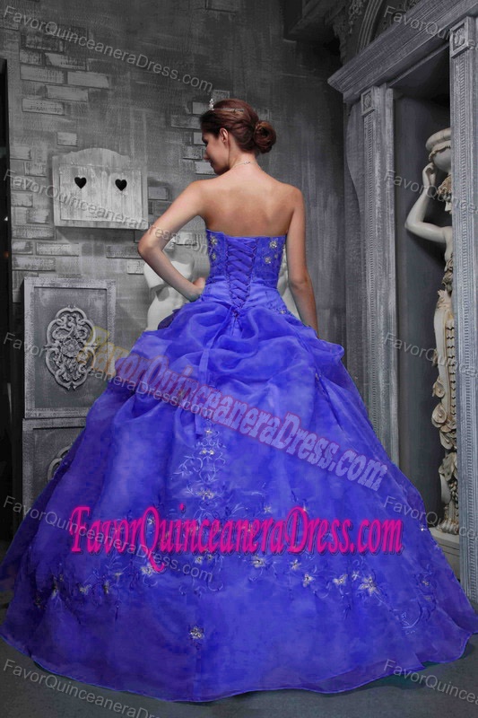 Beautiful Strapless Taffeta and Organza Appliqued Quince Dresses in Blue