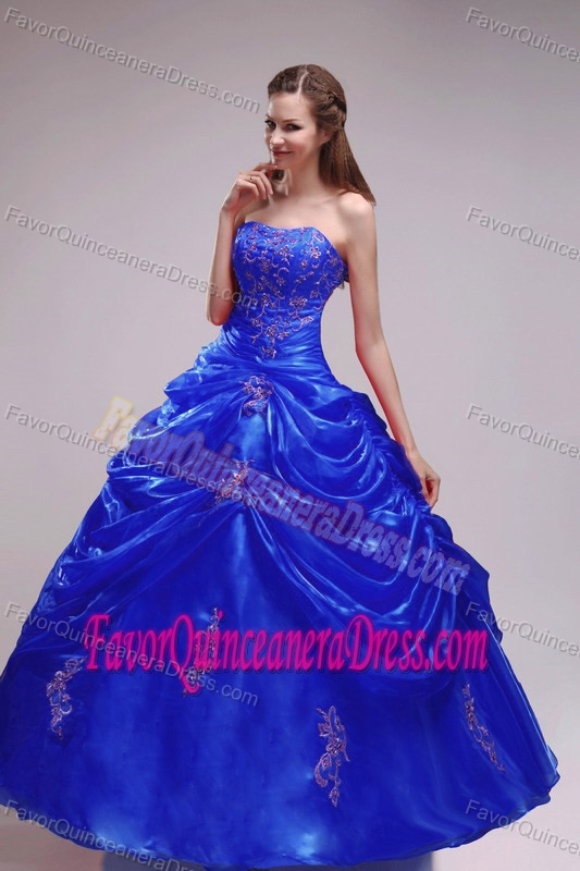Royal Blue Ball Gown Strapless Organza Dress for Quince with Appliques