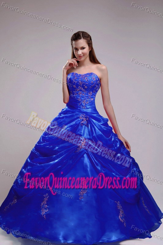 Royal Blue Ball Gown Strapless Organza Dress for Quince with Appliques