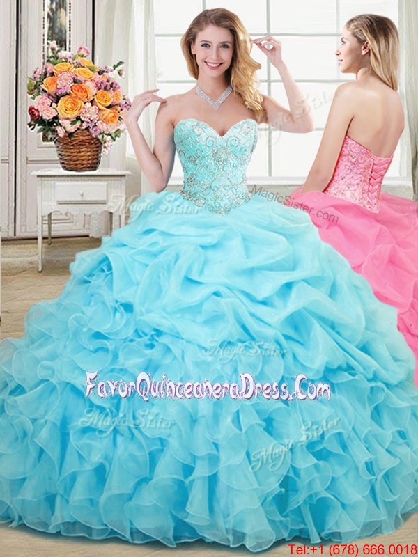  Aqua Blue Lace Up Ball Gown Prom Dress Beading and Ruffles and Pick Ups Sleeveless Floor Length