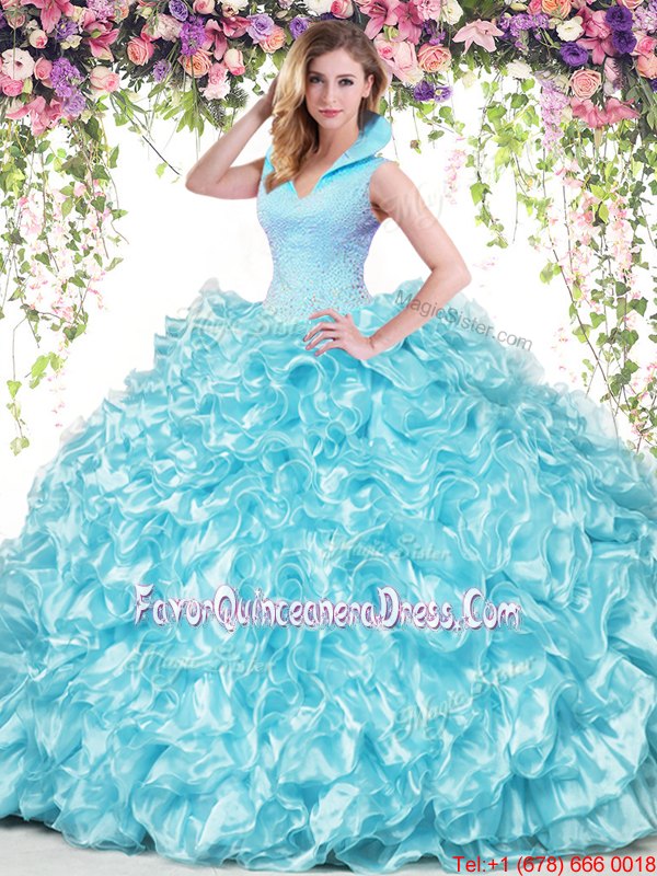Hot Sale Aqua Blue Sleeveless Organza Backless Quinceanera Dress for Military Ball and Sweet 16 and Quinceanera