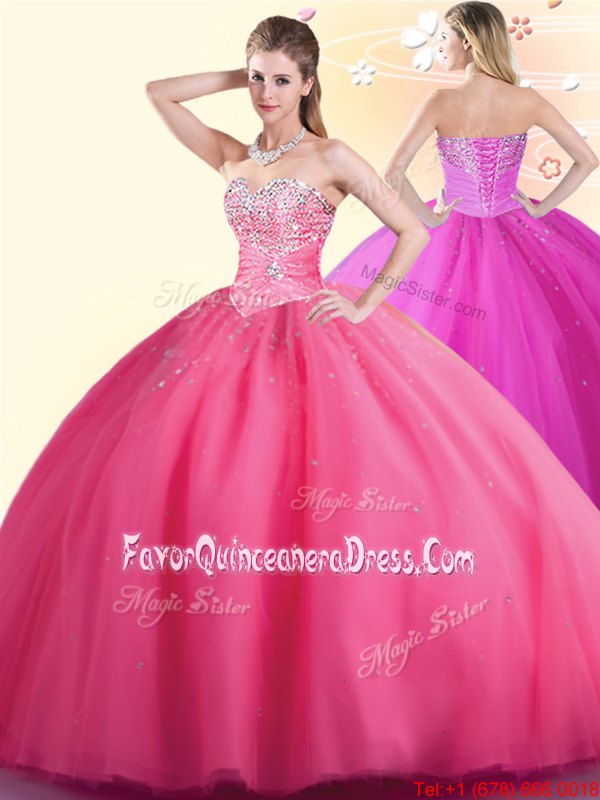 Perfect Backless Floor Length Coral Red Quince Ball Gowns Tulle Sleeveless Beading and Ruffles