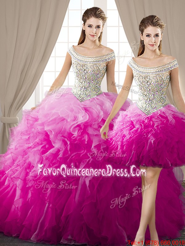 Top Selling Three Piece Off The Shoulder Sleeveless Organza Sweet 16 Dresses Beading and Ruffles Lace Up