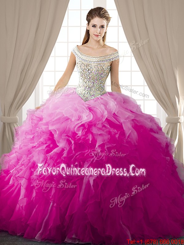 Low Price Off the Shoulder Fuchsia Lace Up Ball Gown Prom Dress Beading and Ruffles Sleeveless Floor Length
