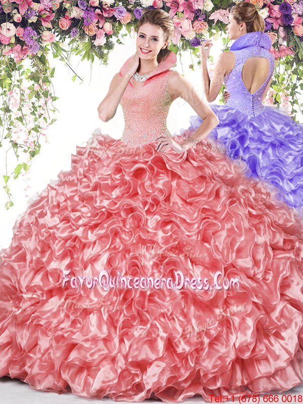  Sleeveless Organza Floor Length Backless Vestidos de Quinceanera in Coral Red for with Beading and Ruffles