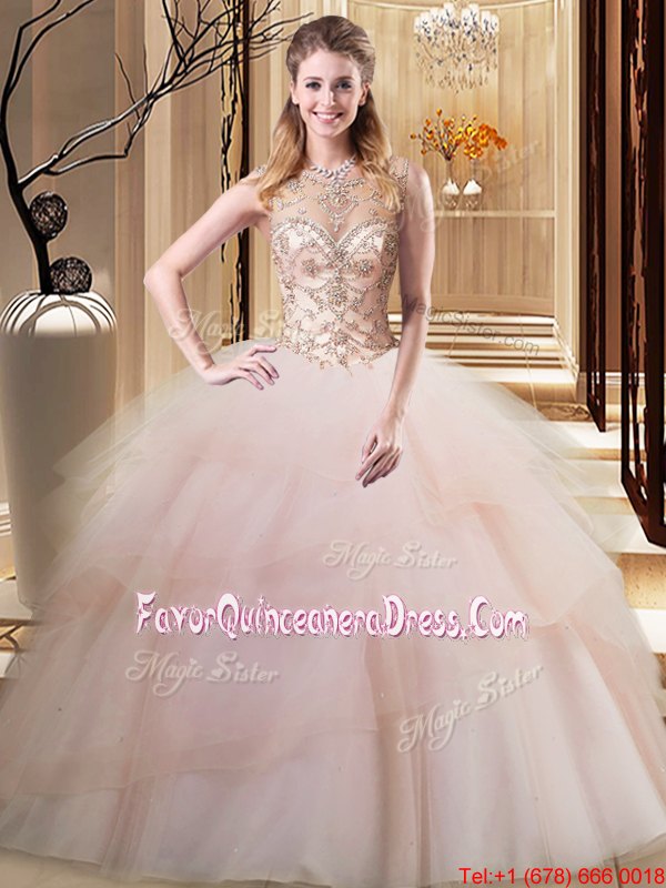  Scoop Tulle Sleeveless Sweet 16 Dresses Brush Train and Beading and Ruffled Layers
