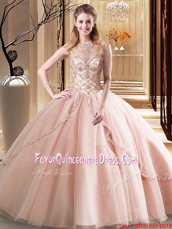 Unique Peach Scoop Lace Up Beading Quinceanera Gown Brush Train Sleeveless
