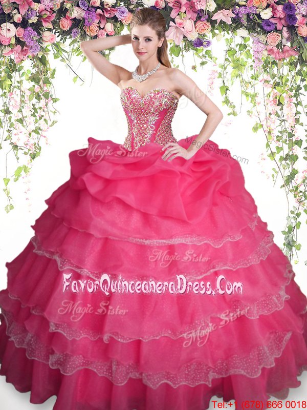 High Class Organza Sweetheart Sleeveless Lace Up Beading and Ruffled Layers and Pick Ups 15th Birthday Dress in Coral Red