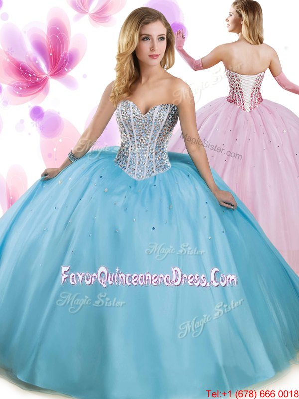  Aqua Blue Ball Gowns Sweetheart Sleeveless Tulle Floor Length Lace Up Beading 15th Birthday Dress