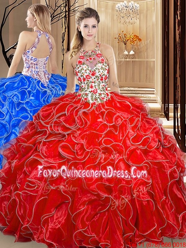  Scoop Sleeveless Floor Length Embroidery and Ruffles Backless Vestidos de Quinceanera with Coral Red