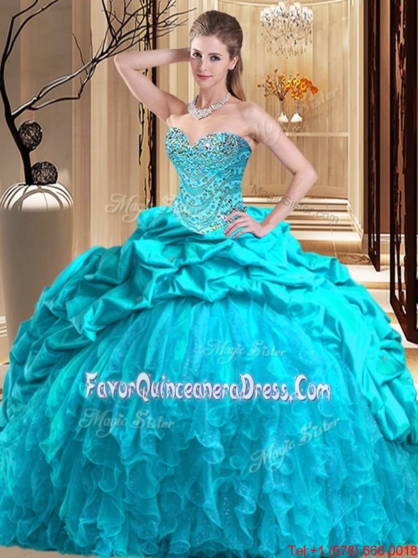 Amazing Aqua Blue Ball Gowns Beading and Ruffles Sweet 16 Dresses Lace Up Taffeta and Tulle Sleeveless