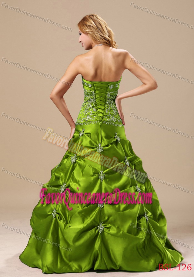 A-line Embroidery Spring Green Taffeta Pick-ups Dresses for Quinceanera
