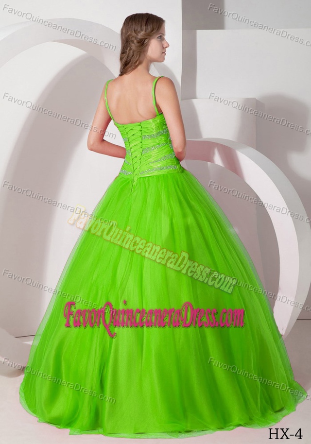 Tulle Beaded Spring Green Quinceanera Dress with Spaghetti Straps 2014