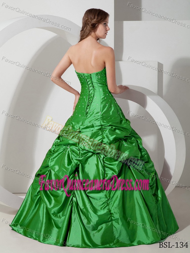 Strapless Ball Gown Pick-ups Taffeta Beading Quinceanera Gowns in Green