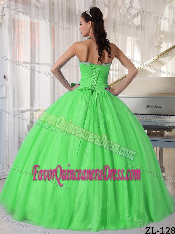 Cheap Bowknot Spring Green Sweetheart Tulle Dress for Quinceanera Beaded