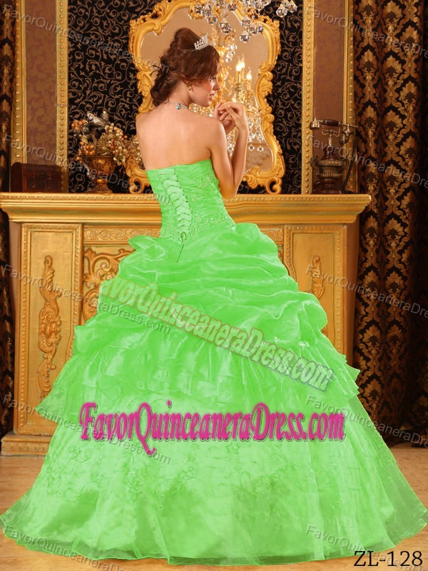 Appliques Organza Pick-ups Strapless Quinceanera Gowns in Spring Green