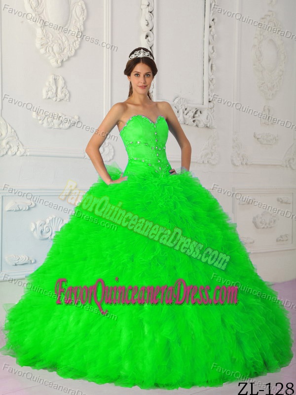 Satin and Organza Spring Green Sweetheart Beads Dresses for Quinceanera
