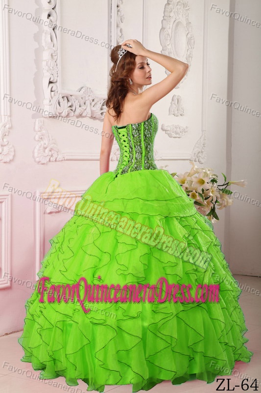 Sweetheart Spring Green Ruffled Organza Beaded Dress for Quince for 2014