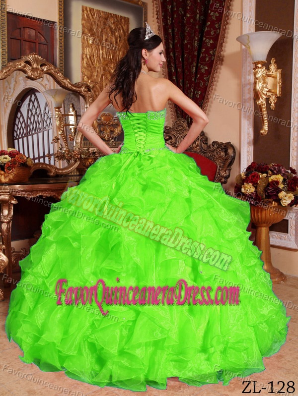 New Beaded Spring Green Organza Sweetheart Sweet 15 Dresses with Ruffles