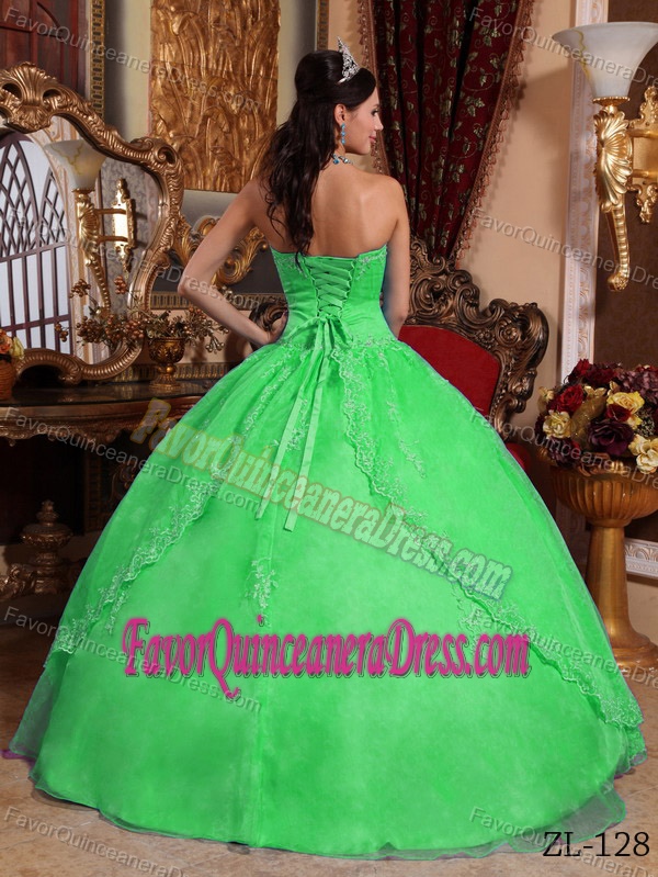 Breathtaking Strapless Spring Green Organza Appliques Quinceanera Dress