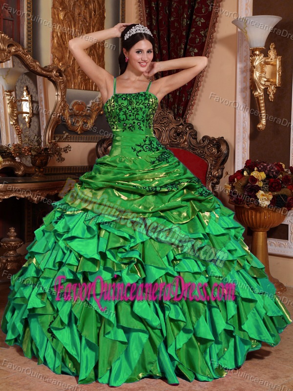 Beaded Green Straps Satin Dresses for Quince with Embroidery and Ruffles