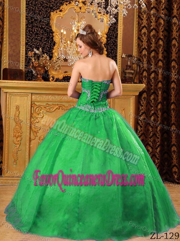 Green Organza Appliques Dress for Quinceanera with Sweetheart Neckline