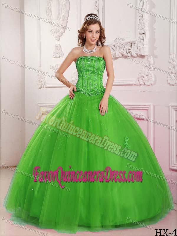 Elegant Tulle Strapless Spring Green Quinceanera Dress Beaded for Cheap