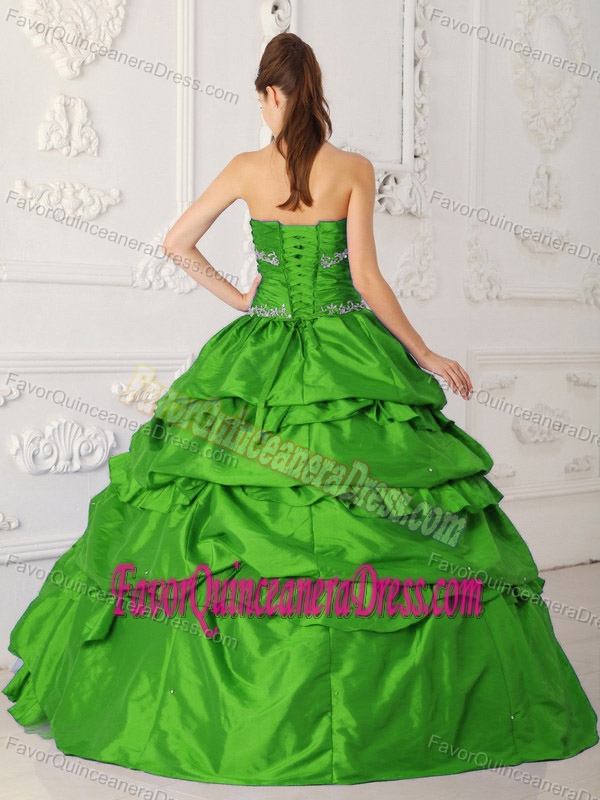 Green A-Line Taffeta and Tulle Appliques Dress for Quinceanera with Bead