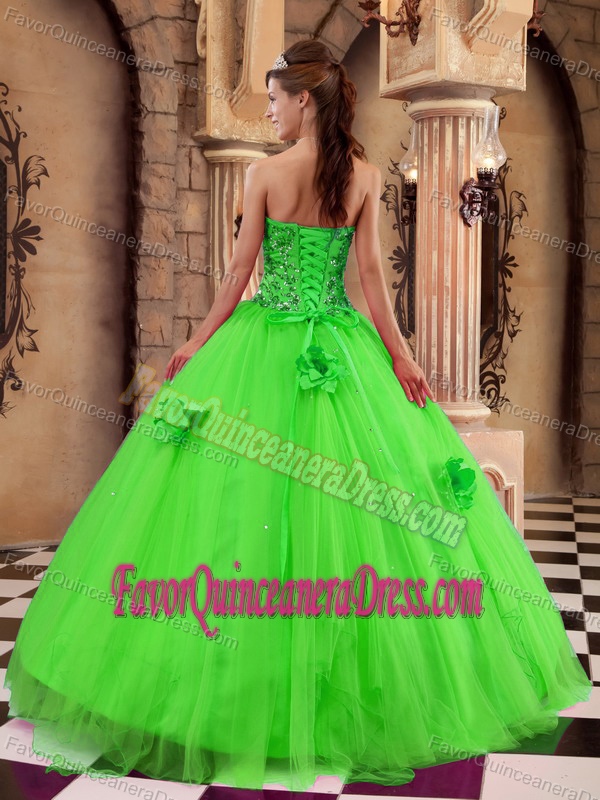 Strapless Satin and Tulle Green Beading Flowers Dresses for Quinceanera