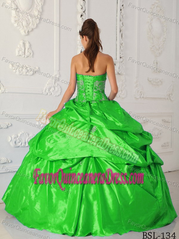 Green Taffeta Sweetheart Pick-ups Appliques Quinceanera Gowns for Cheap