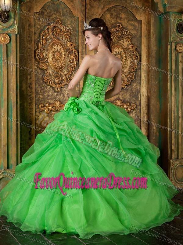 Spring Green Beaded Strapless Organza Quinceanera Dress with Pick-ups