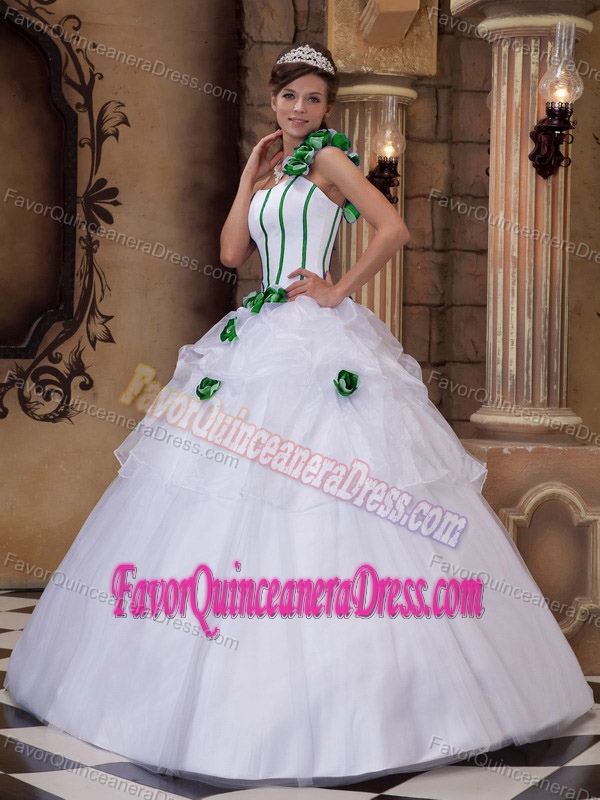 Satin and Tulle One Shoulder Hand Made Flowers Sweet 16 Dresses in White