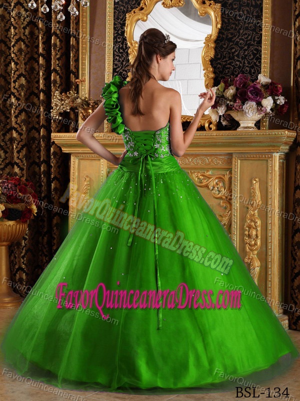 Discount One Shoulder Green Tulle A-Line Quinceanera Dress with Beading