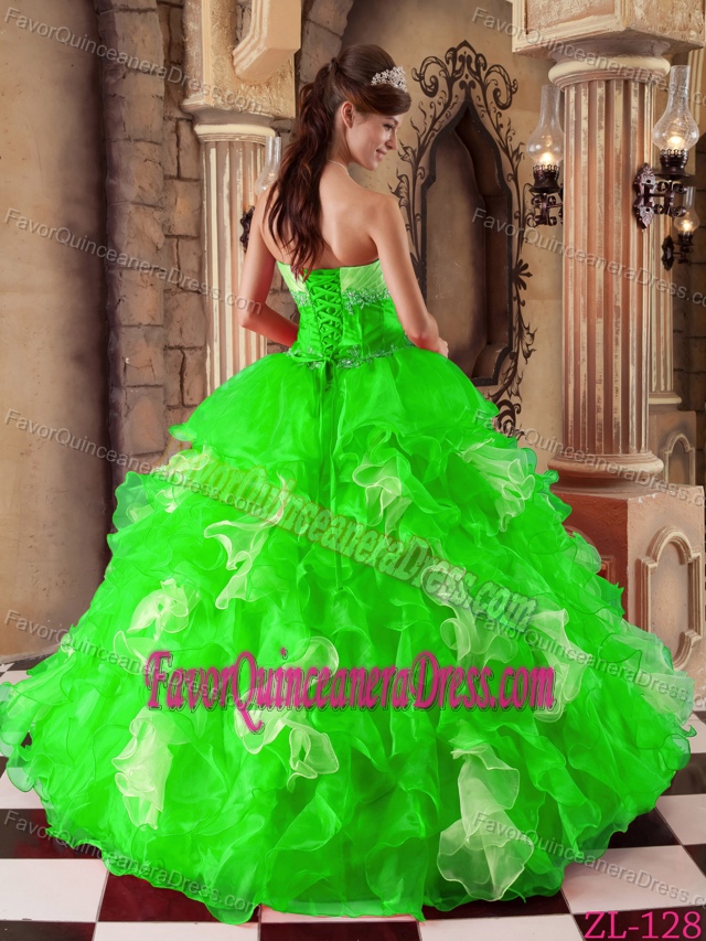 2013 Most Recent Spring Green Beaded organza Quince Dresses with Ruffles
