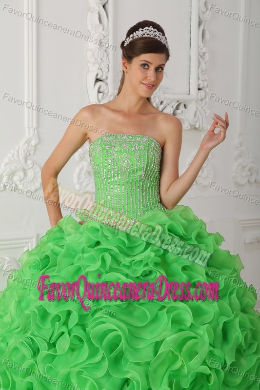 Beaded Strapless Green Organza Ruffled Quinceanera Gown Dresses for Sale