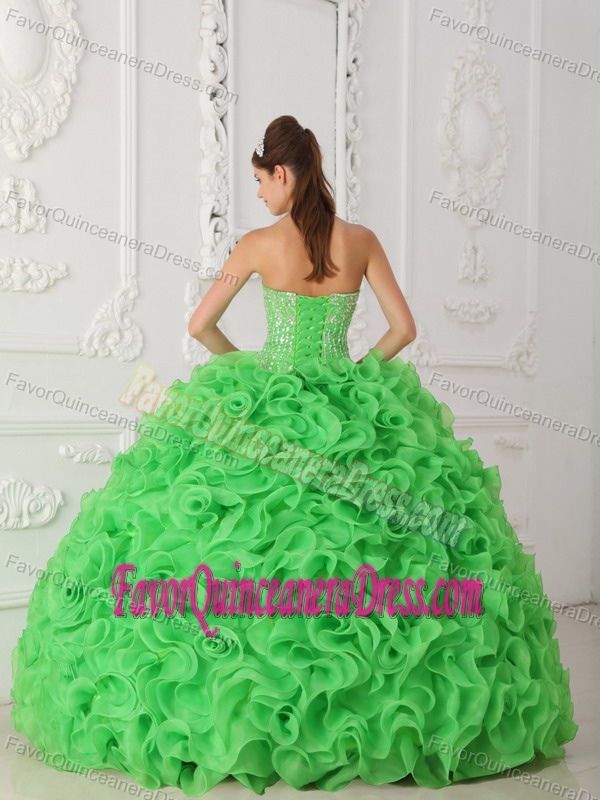 Beaded Strapless Green Organza Ruffled Quinceanera Gown Dresses for Sale