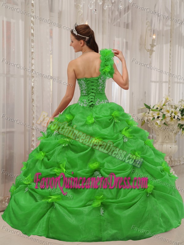 One Shoulder Green Organza Dress for Quince with Appliques and Pick-ups