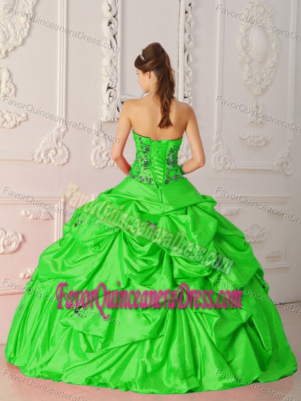 Strapless Taffeta Green Appliques Quinceanera Gown with Pick-ups on Sale