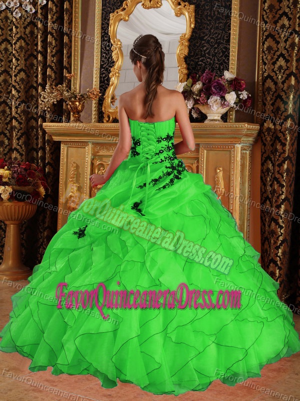 Appliques Sweetheart Organza Dress for Quinceanera with Ruffles in Green