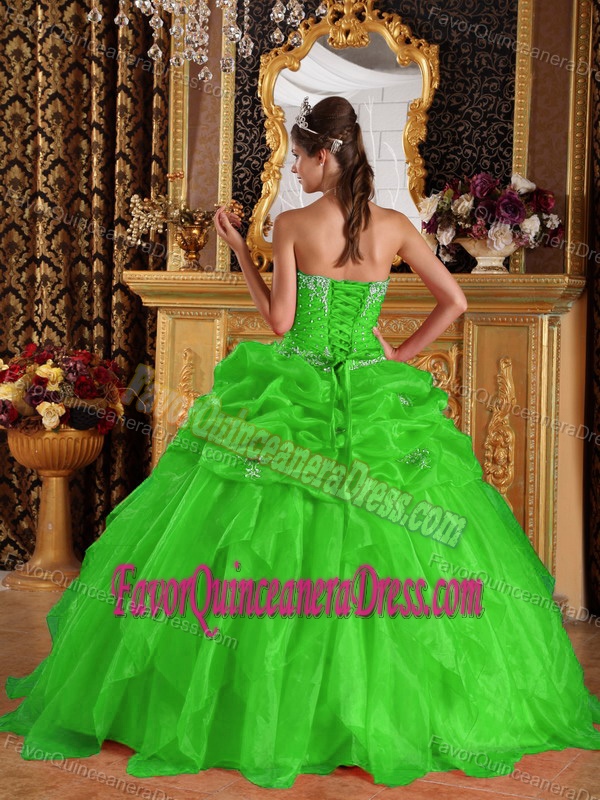 Beaded Spring Green Sweetheart Organza Dresses for Quince with Appliques