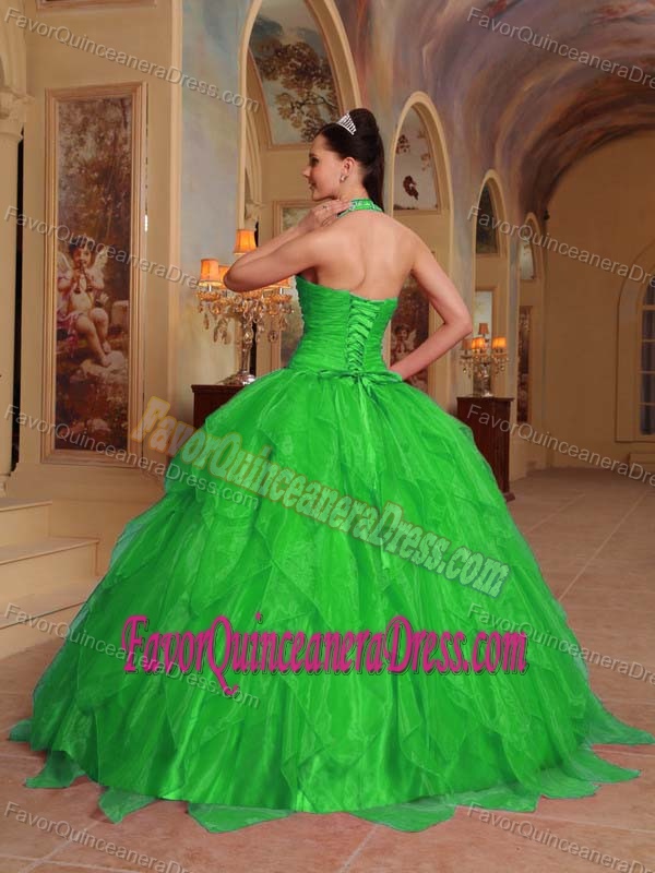 Organza Spring Green Halter Embroidery Quinces Dresses with Ruffles 2013